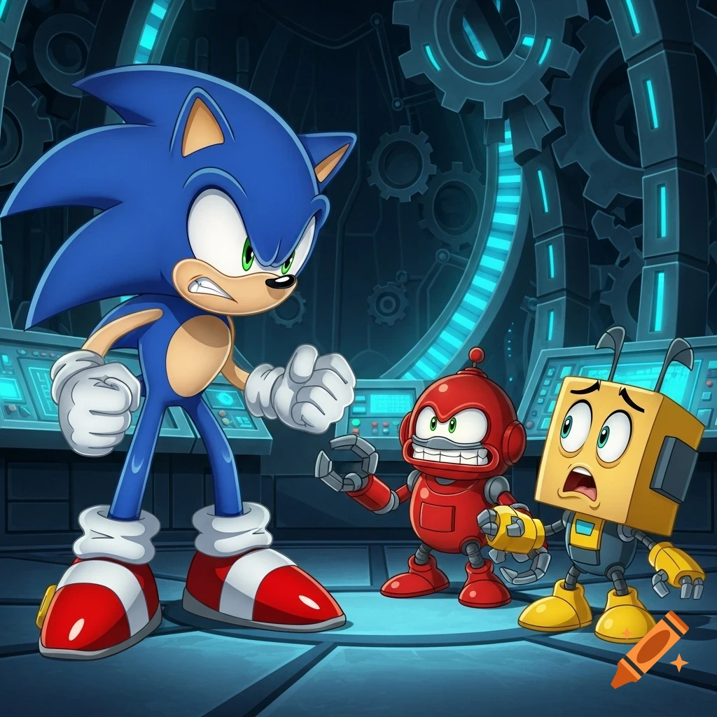 Angry Sonic the Hedgehog yelling at a red robot and a scared yellow robot in a high-tech control room, cartoon style.