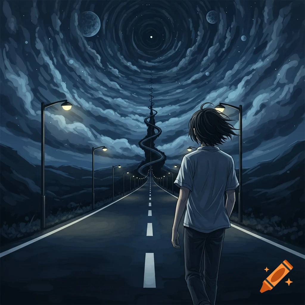 Anime-style person walks on a road toward a dark, swirling abyss under a cloudy, cosmic sky with streetlights.