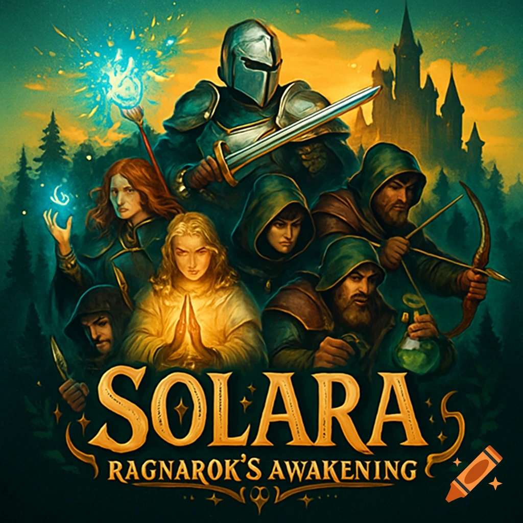 An epic fantasy game art showing a knight, a mage, a healer, a thief, an archer, and an alchemist against a forest and castle backdrop. Game title "SOLARA RAGNAROK'S AWAKENING" is at the bottom.