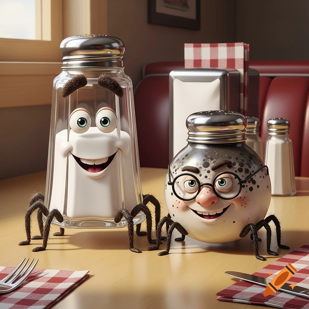 Two anthropomorphic salt and pepper shakers with faces and hairy spider legs sit on a diner table with checkered napkins.