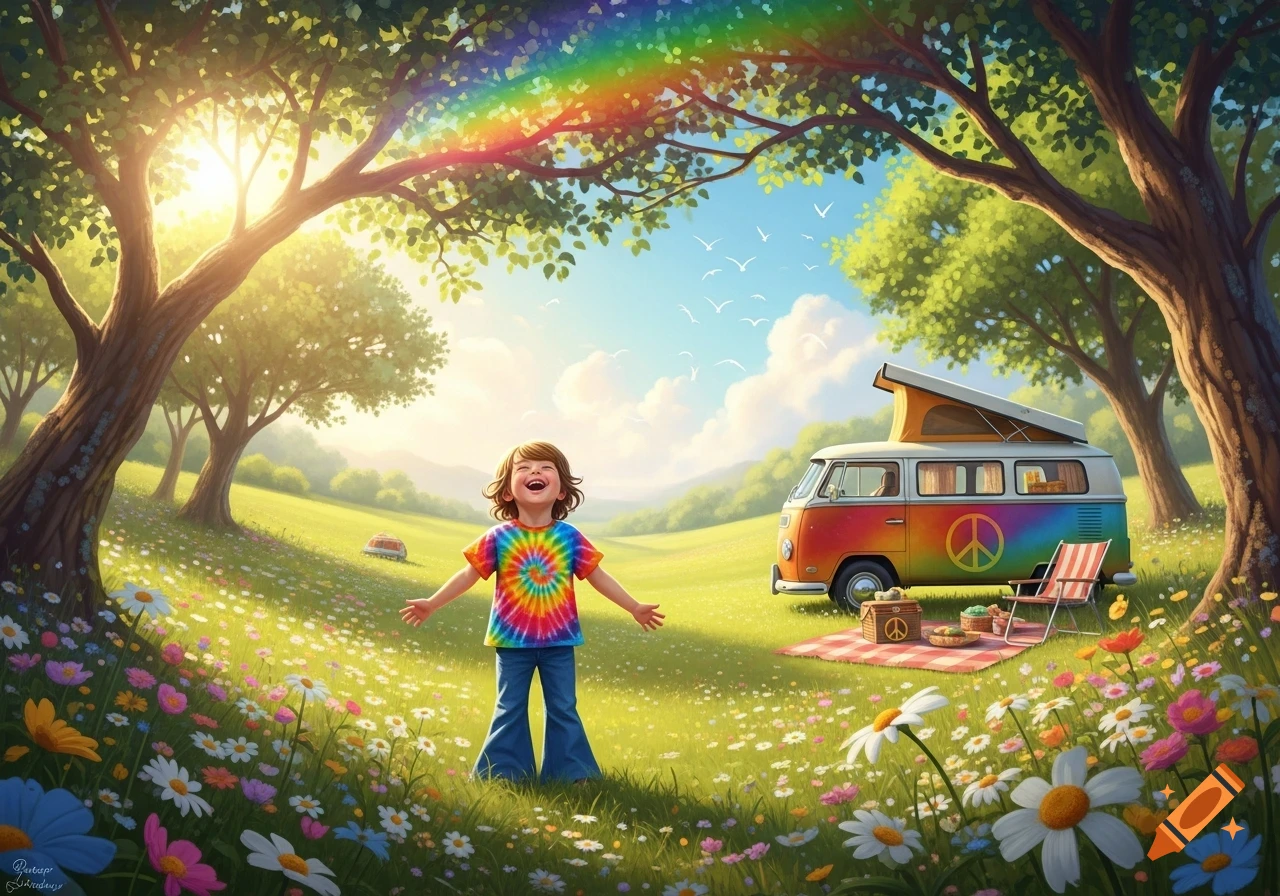 A happy child in a tie-dye shirt stands in a vibrant, flower-filled meadow with a rainbow and a camper van.