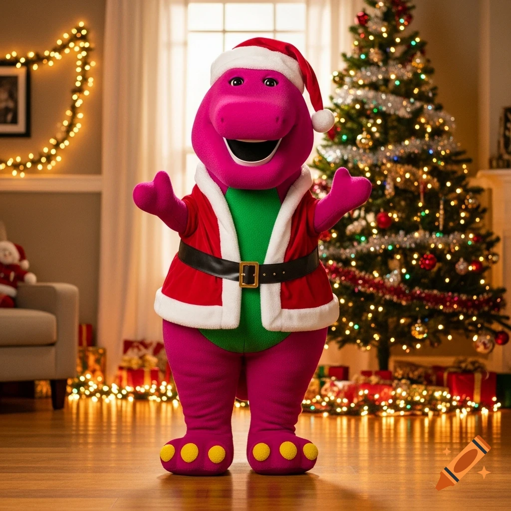 Barney the dinosaur wearing a Santa suit, standing in a festive room with a decorated Christmas tree and lights.