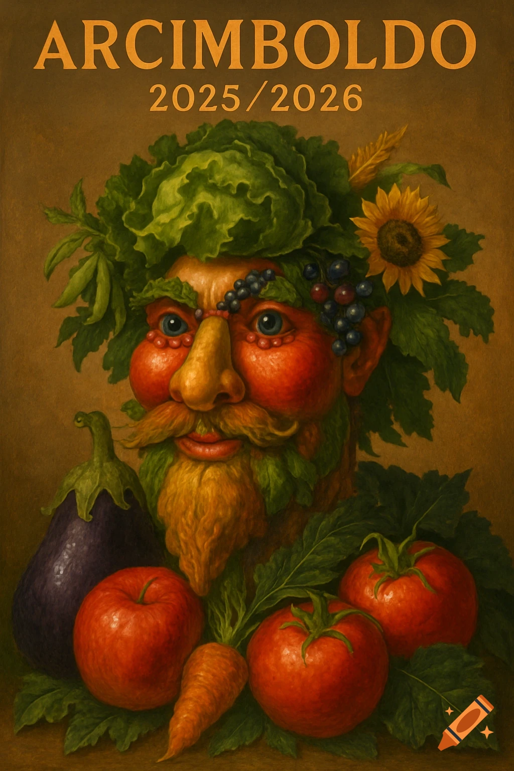 Arcimboldo-style portrait of a man's face made from fruits and vegetables, with 'ARCIMBOLDO 2025/2026' text.