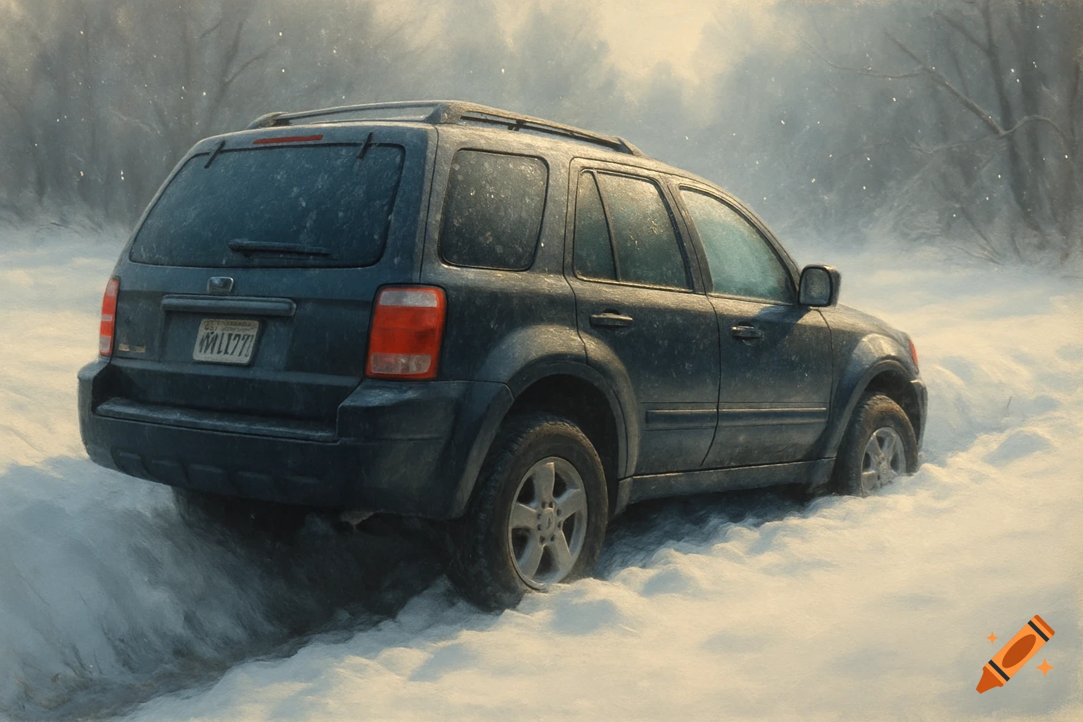 A dark SUV is stuck in deep snow on a winter road, viewed from the rear side.
