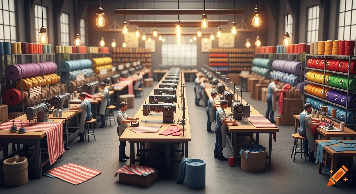 An overhead view of a busy garment factory floor with miniature-like workers at sewing machines, surrounded by colorful spools of thread.