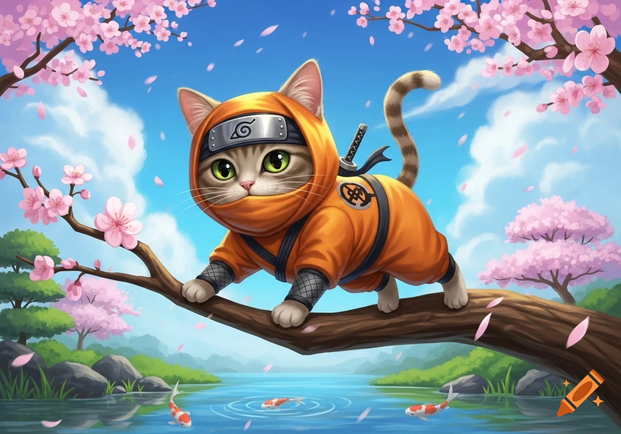 A cute cartoon tabby cat in an orange Naruto ninja costume balancing on a cherry blossom branch over water with koi fish.