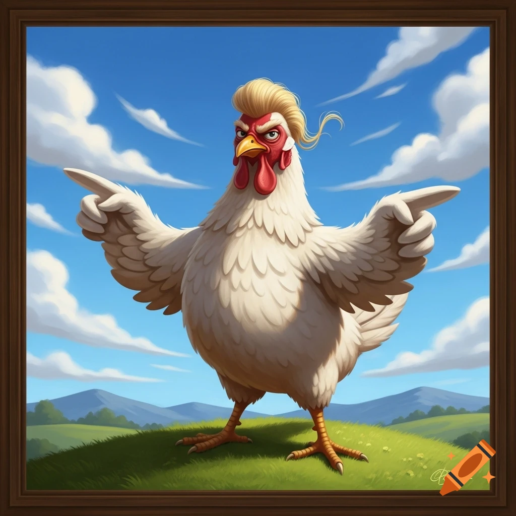 A cartoon white chicken with blonde hair and an angry expression stands on a green hill, pointing forward with both wings under a blue sky.