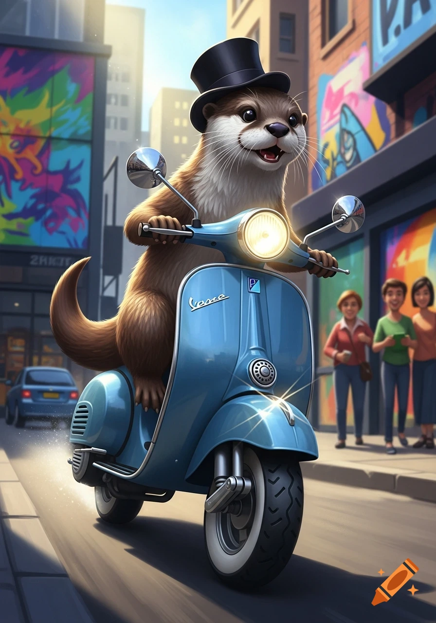 A cute anthropomorphic otter wearing a top hat rides a blue Vespa scooter down a sunny city street.