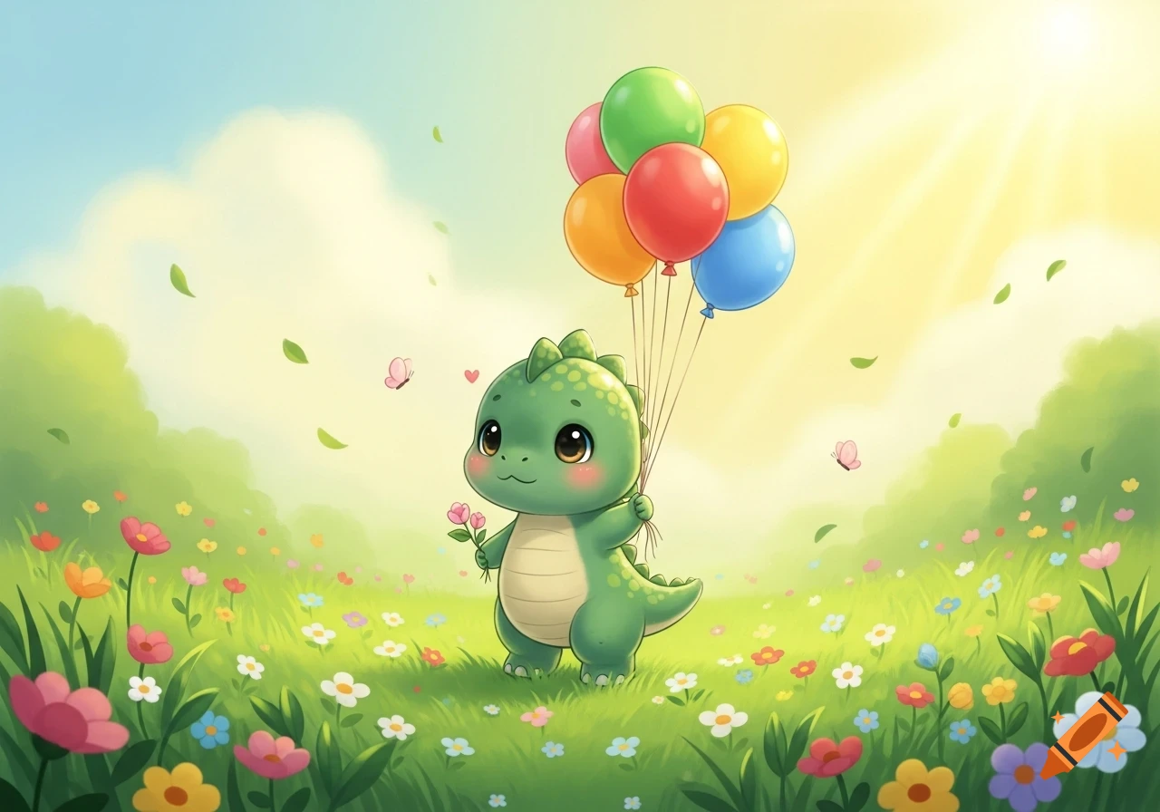 A cute green cartoon baby dinosaur holds colorful balloons and pink flowers in a sunlit meadow of wildflowers.