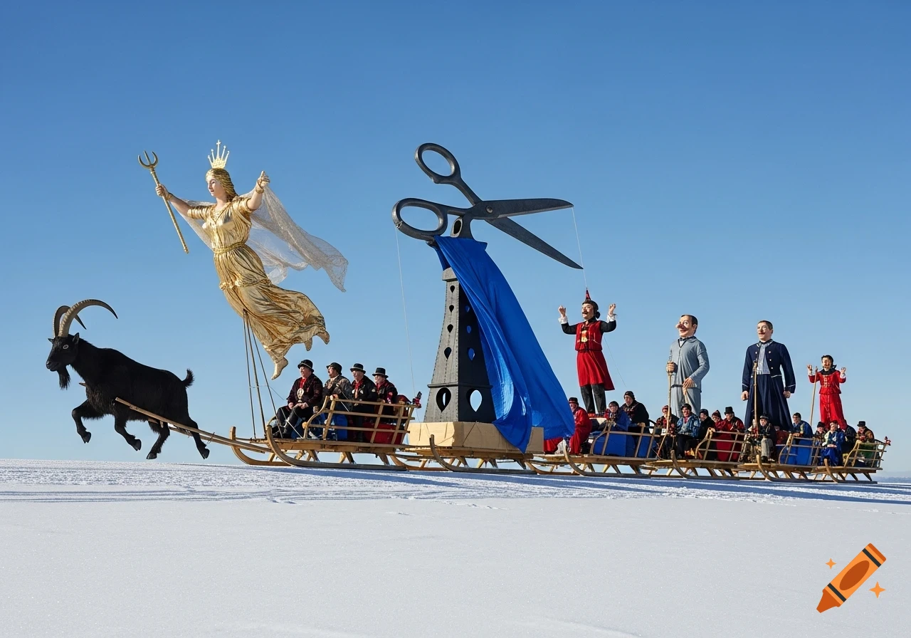 A grand, surreal photorealistic parade on snow, featuring a golden goddess, a black goat, giant scissors, and large doll figures on sleds under a blue sky.