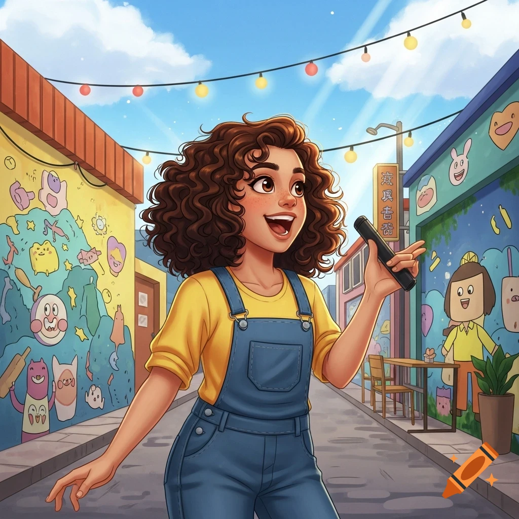 A cartoon girl with curly brown hair, wearing a yellow shirt and blue overalls, smiles in a vibrant street with murals and string lights.