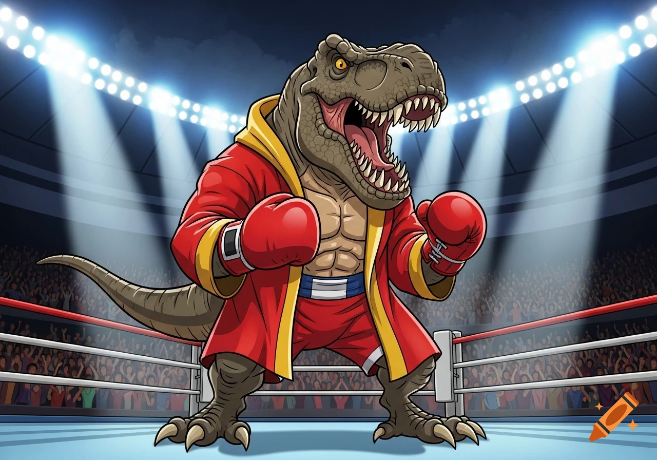 A cartoon T-Rex wearing a red and yellow boxing robe and red gloves stands in a boxing ring under bright lights.