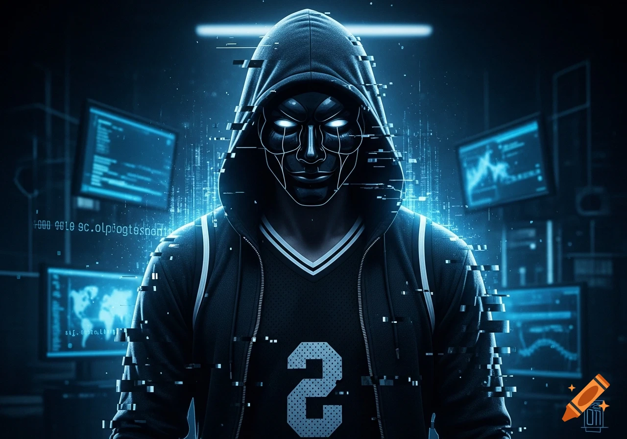 A mysterious hacker in a black hoodie and mask with glowing eyes, surrounded by digital glitch effects and blue computer monitors in a dark setting.
