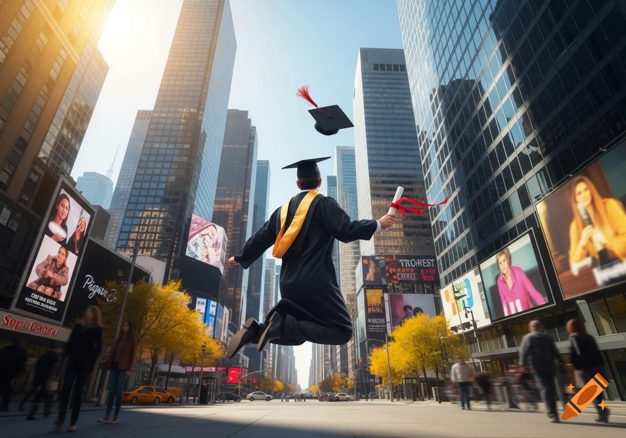 A college graduate in a cap and gown jumps in mid-air on a wide city street lined with skyscrapers and billboards, a diploma in hand and cap flying off.