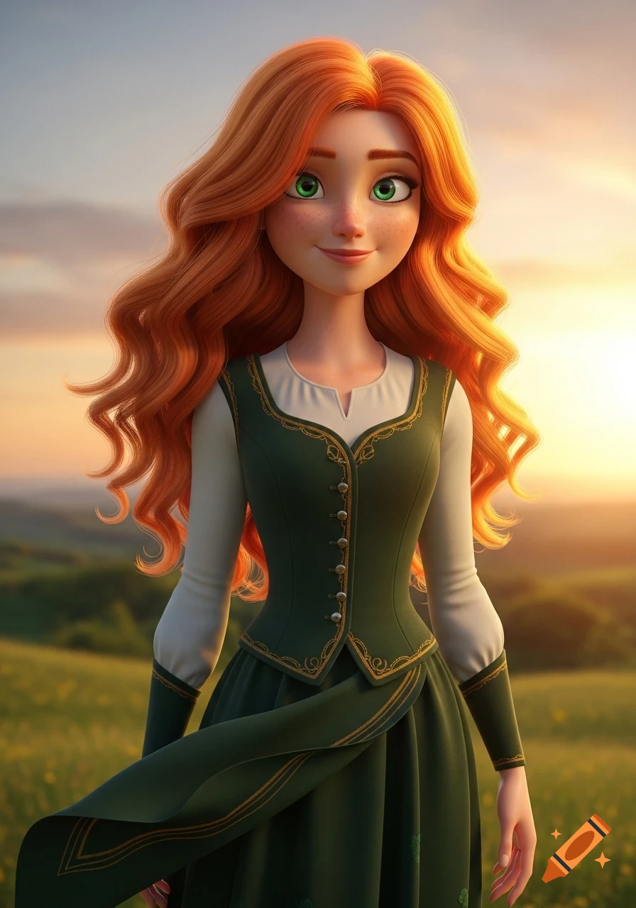 3D animated Irishwoman with long orange hair, emerald eyes, and freckles, wearing a green dress, standing in a field at sunset.