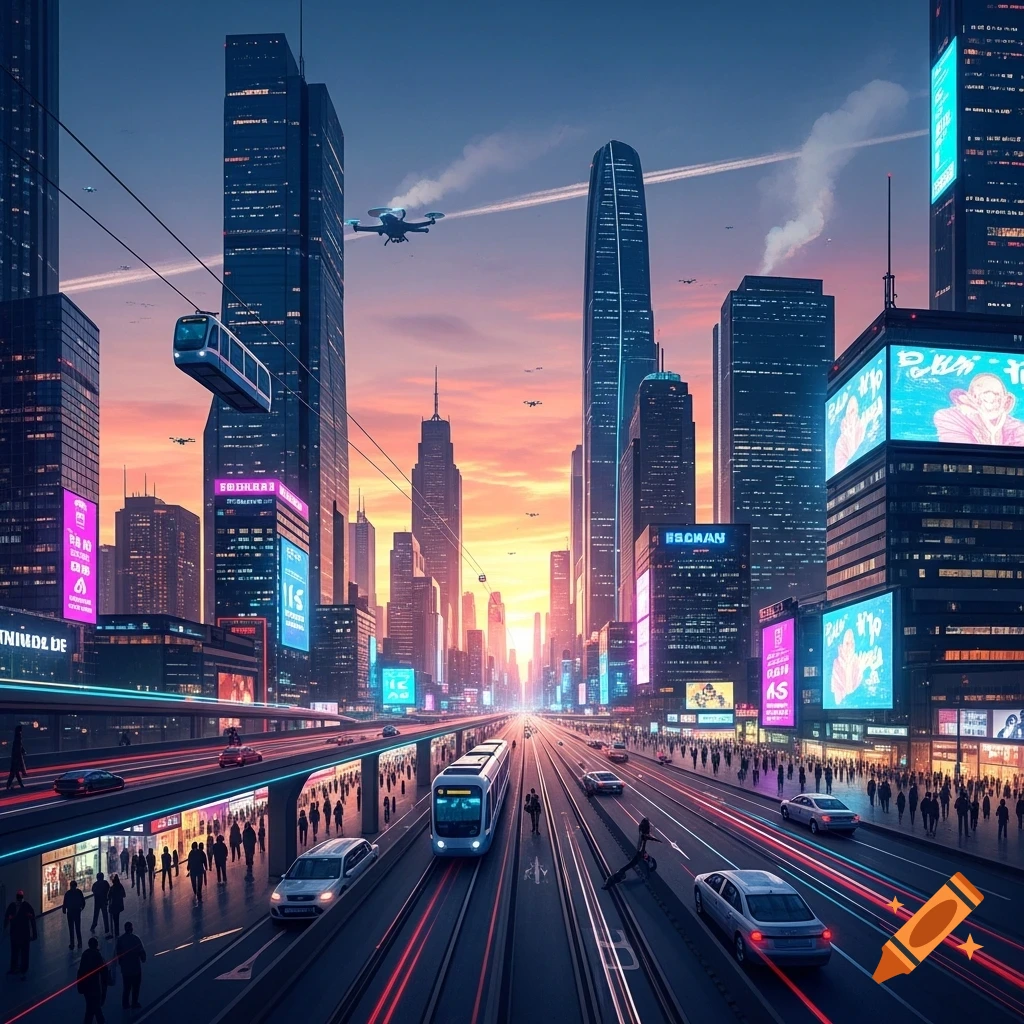 A bustling futuristic city at sunset, with towering skyscrapers, elevated cable cars, a ground-level train, and busy streets with vehicles and pedestrians.