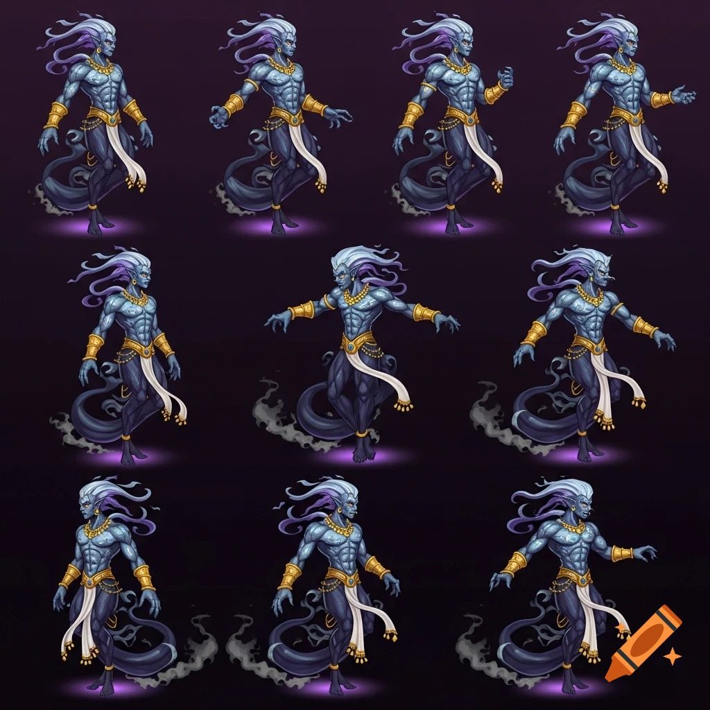 A 2D sprite sheet showing nine poses of a blue-skinned djinn with purple hair and gold jewelry, emanating purple light and smoke.