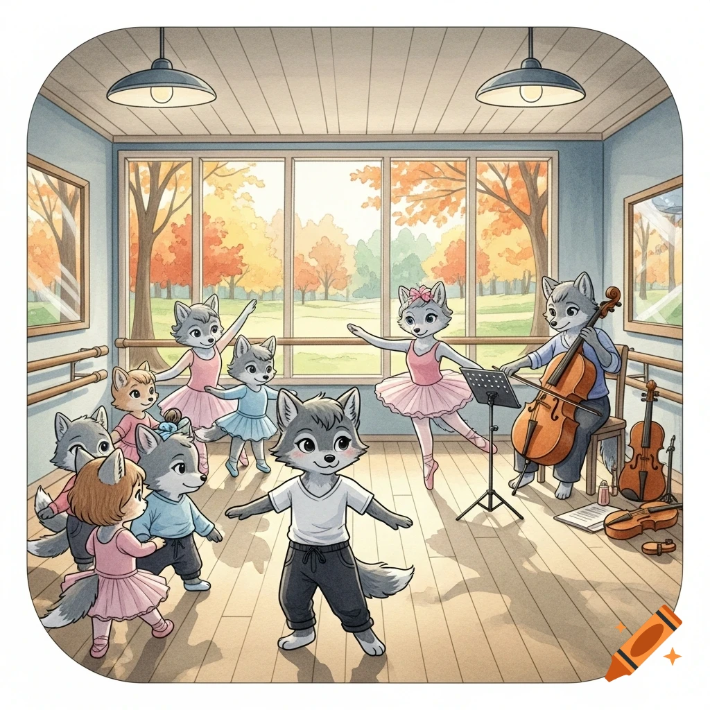 Watercolor illustration of anthropomorphic wolf children in a ballet class, with an adult wolf playing cello.