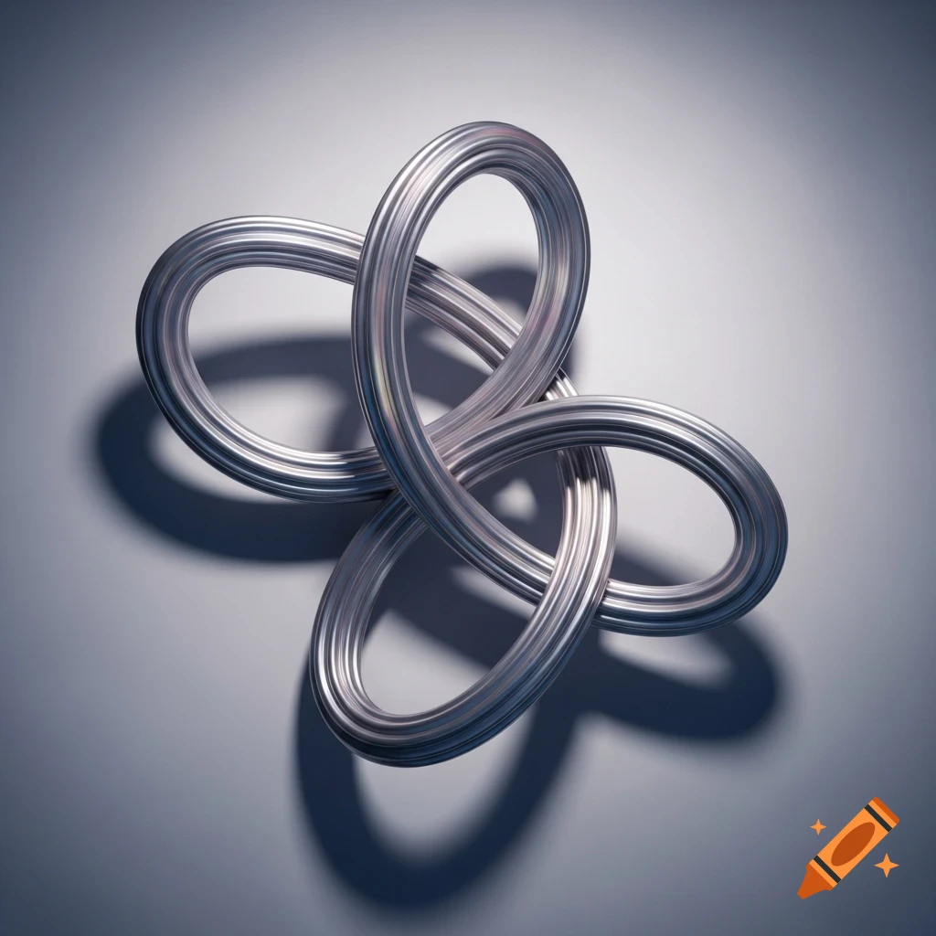 Shiny metallic twisted abstract knot-like shape with prominent shadows on a light grey background.