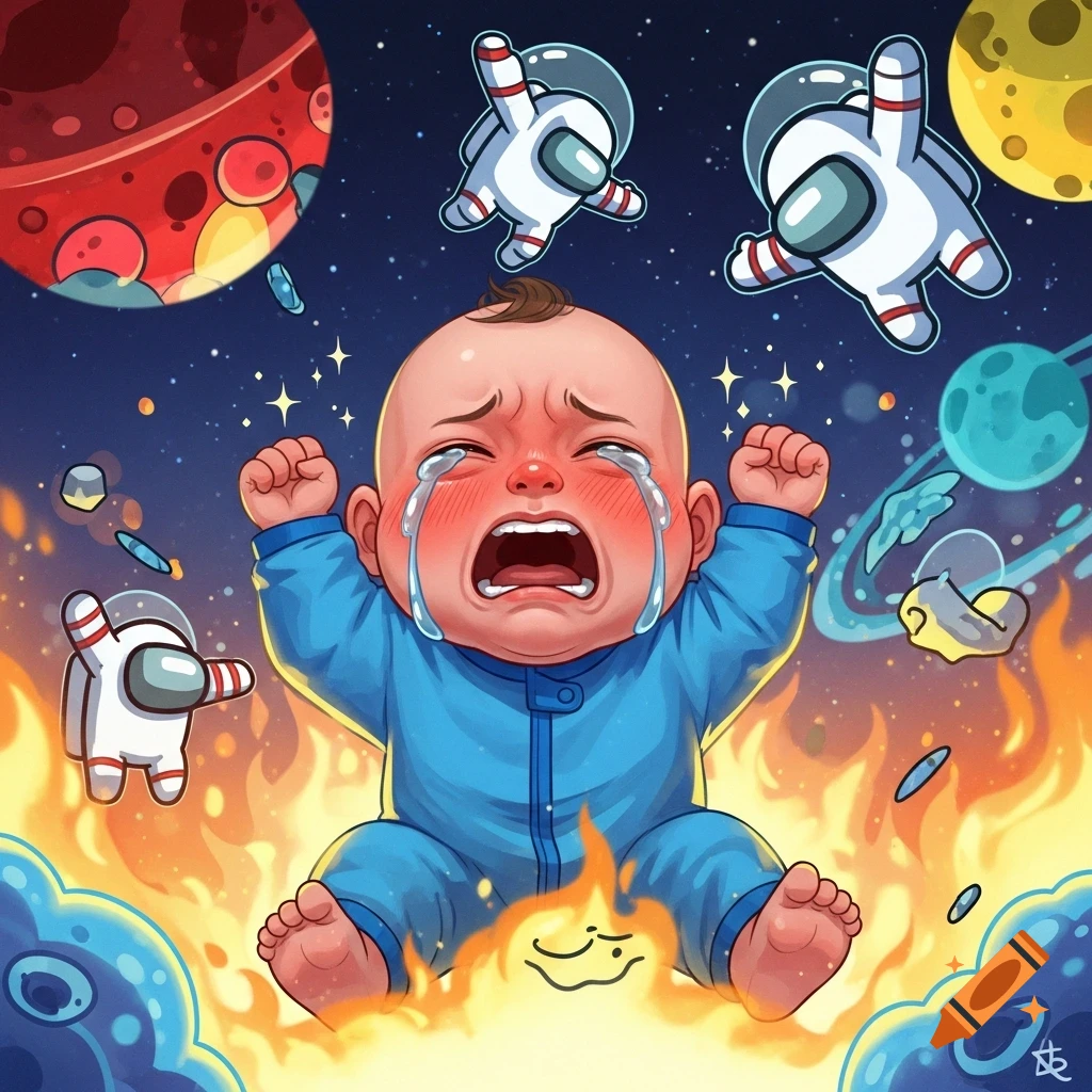 A crying cartoon baby in a blue onesie sits amidst flames in space, surrounded by planets and floating Among Us crewmates.