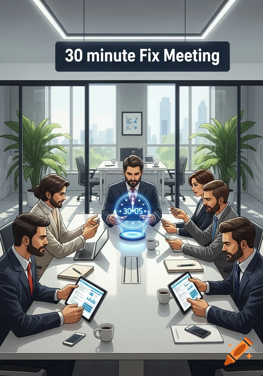A stylized illustration of business professionals in a modern office meeting room with a holographic timer, banner reads '30 minute Fix Meeting'.