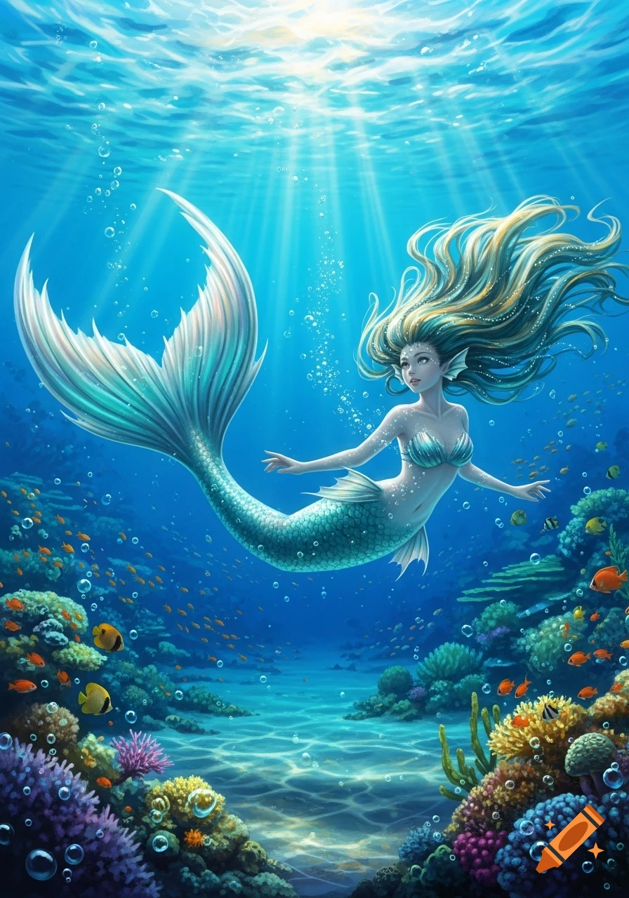 A beautiful mermaid with long blonde hair and a shimmering teal tail swims in a vibrant underwater coral reef, illuminated by sun rays.