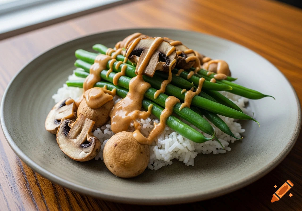 A realistic photo of a plate with green beans, white rice, sliced and whole mushrooms, drizzled with satay sauce, on a wooden table.