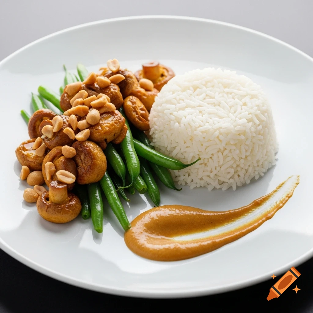 A gourmet plate with white rice, green beans, mushrooms topped with peanuts, and a swirl of satay sauce.