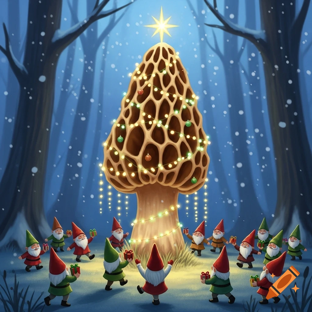 Whimsical illustration of a Morel mushroom Christmas tree with a star on top, surrounded by gnomes holding presents in a snowy forest.