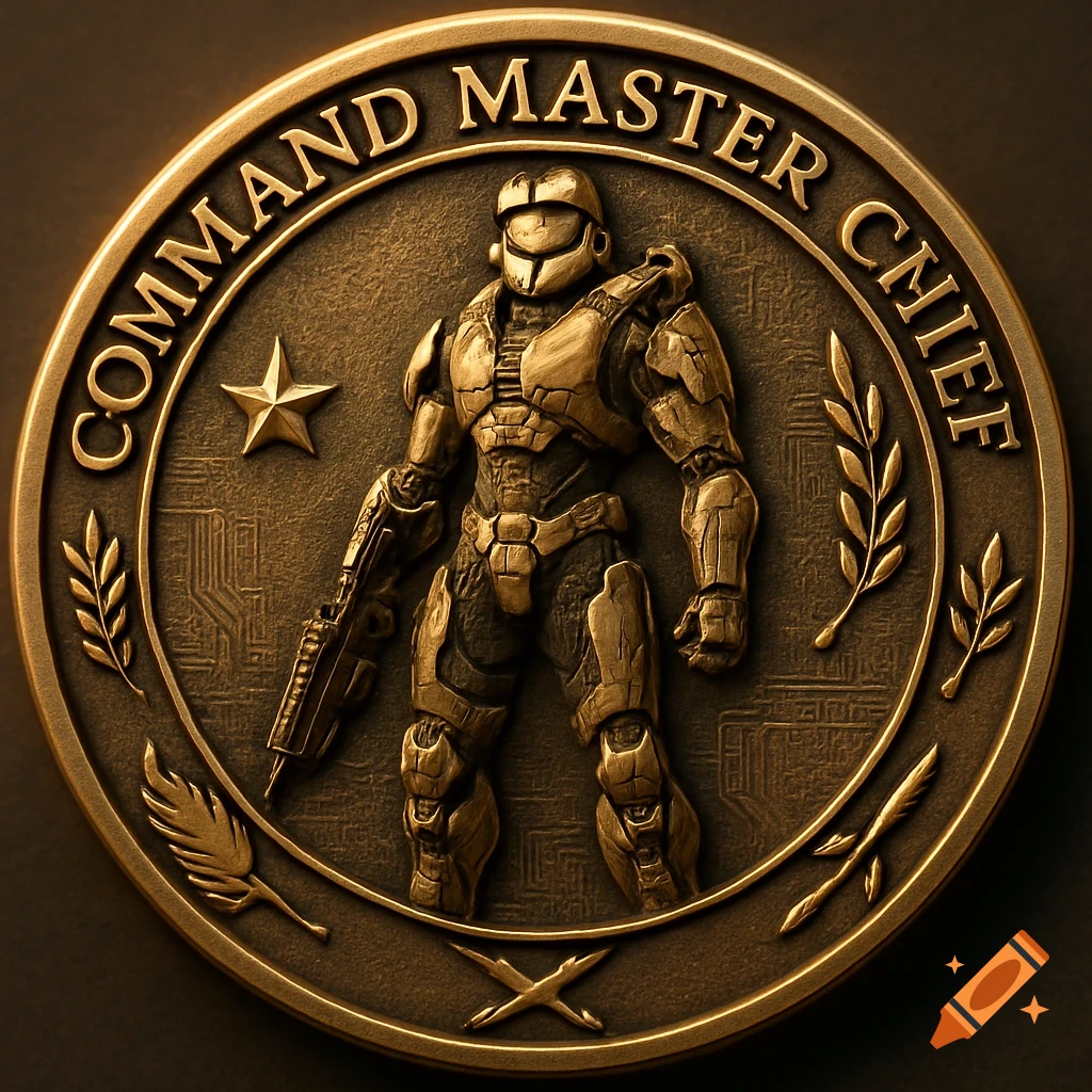 Bronze challenge coin with an embossed Master Chief, 'COMMAND MASTER CHIEF' text, a star, and olive branches.