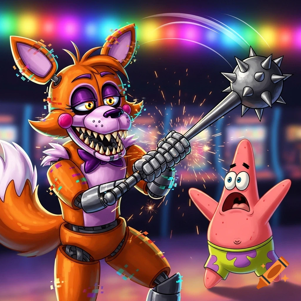 An orange and white fox animatronic with purple accents and glitch effects, Lolbit, wields a spiked mace near a terrified pink Patrick Star in a dark, colorful arcade.