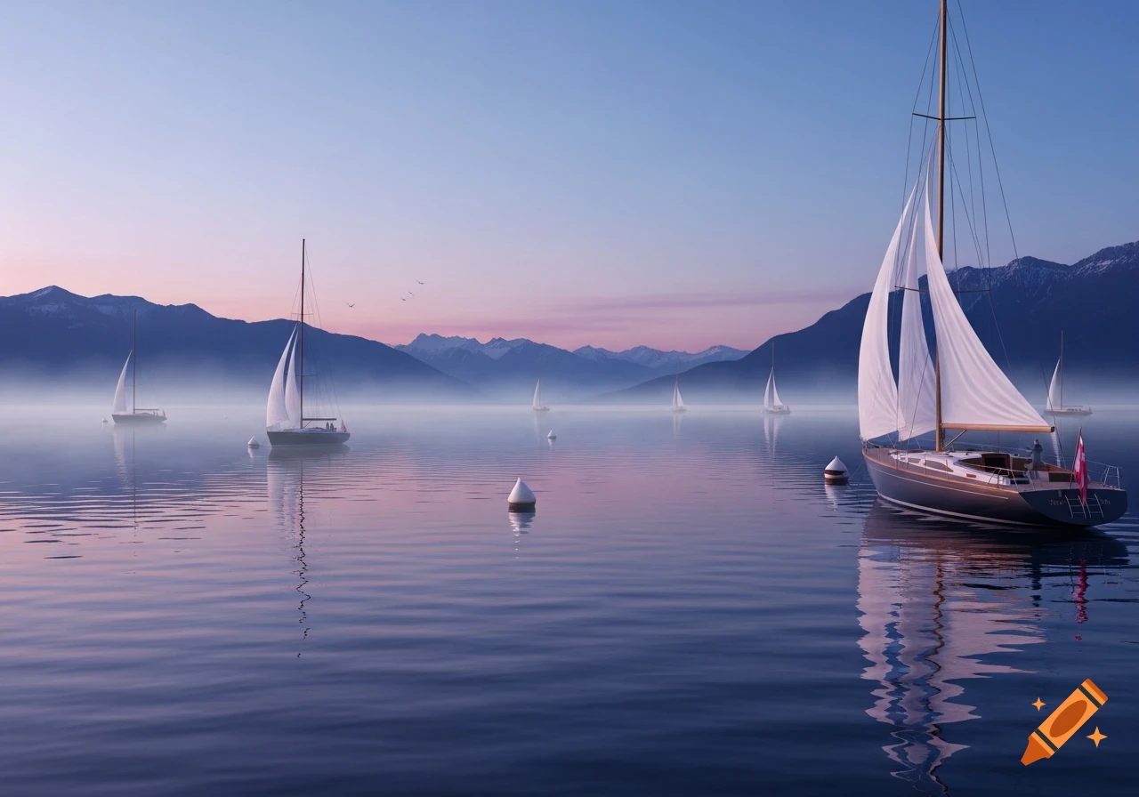 Sailboats on a calm, misty lake at sunrise with distant mountains under a pastel sky.