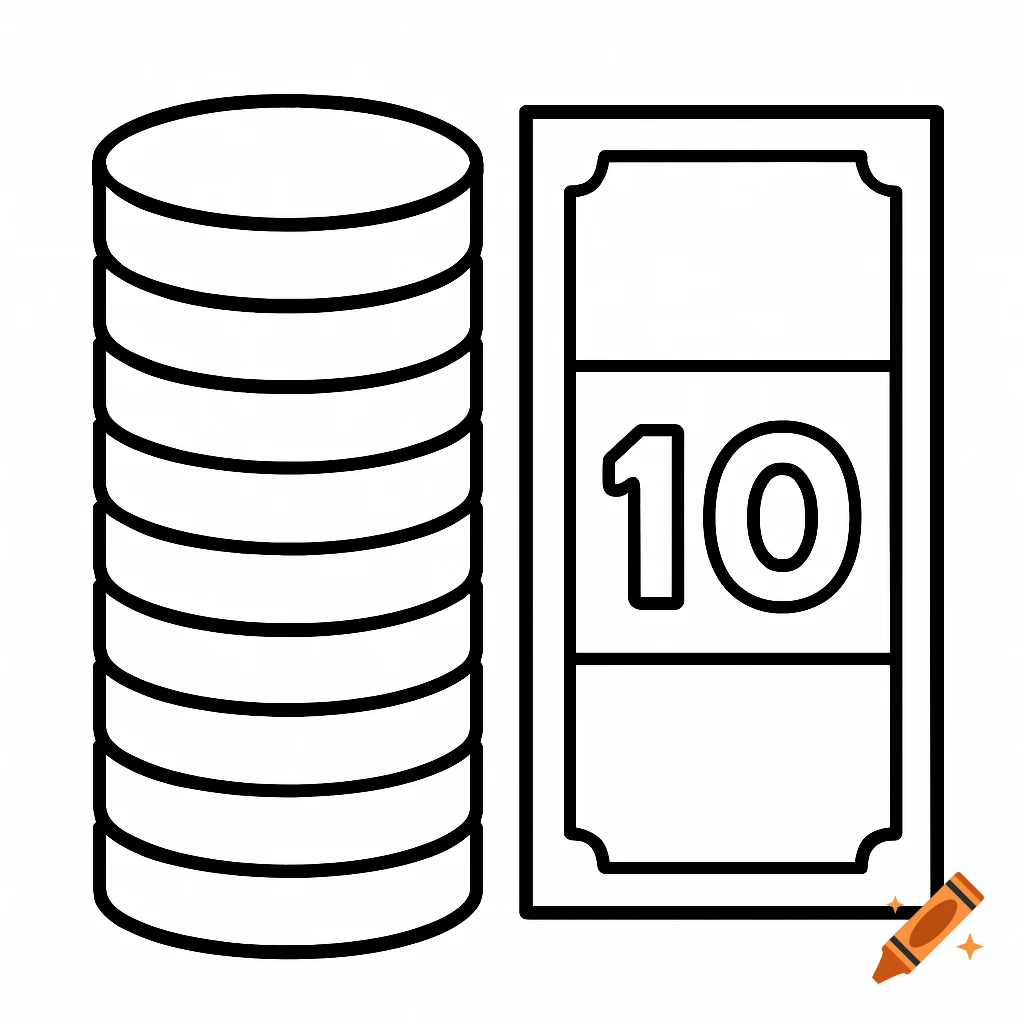 Black-and-white line art of a stack of coins next to a banknote with the number 10, in a coloring page style.