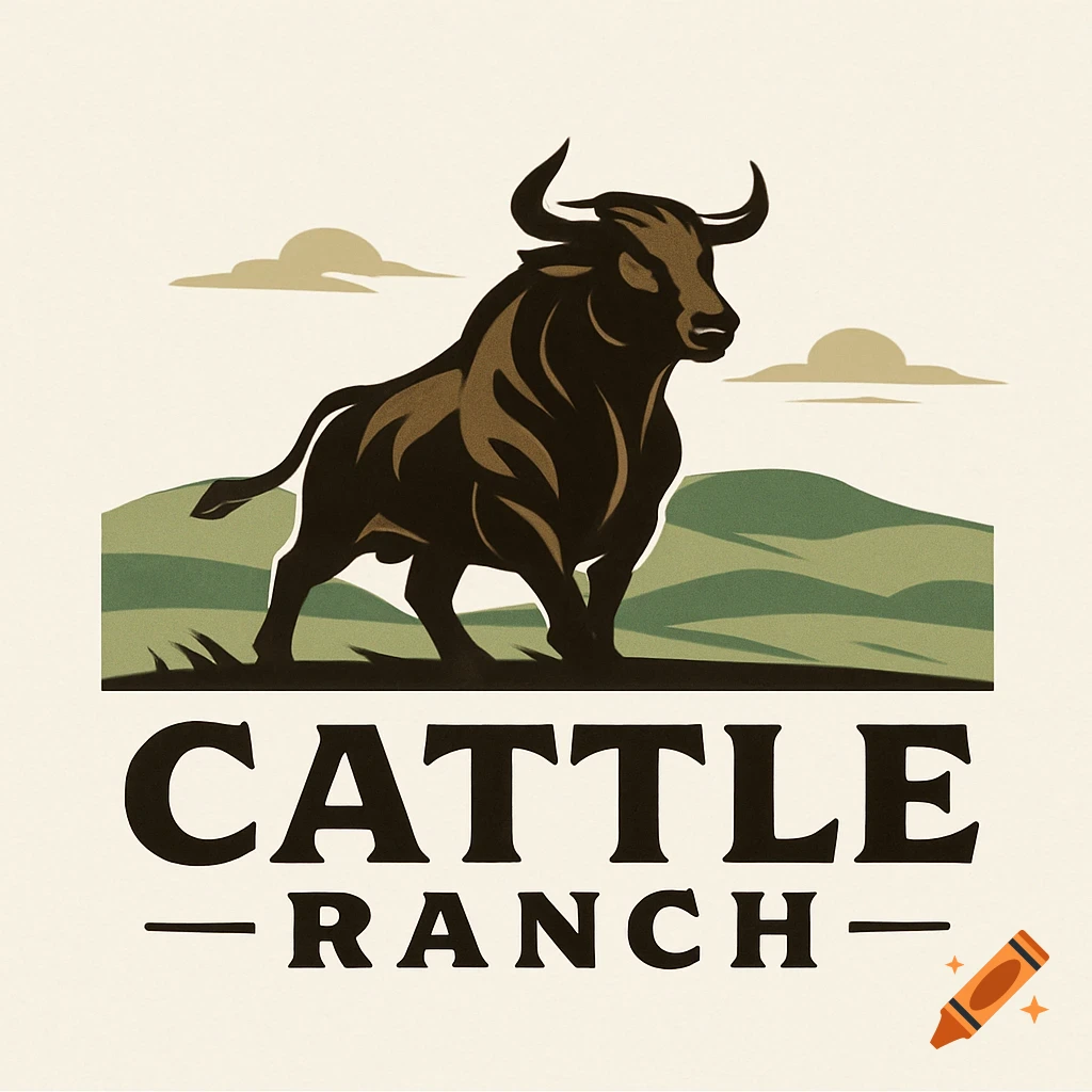 A stylized logo for a cattle ranch featuring a brown bull standing on green hills, with text 'CATTLE RANCH'.