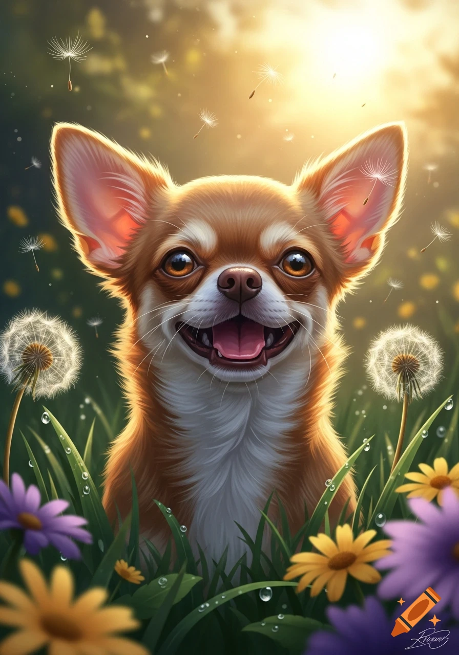 Smiling chihuahua puppy with large ears peeking from a vibrant field of colorful flowers and dandelions at sunrise.