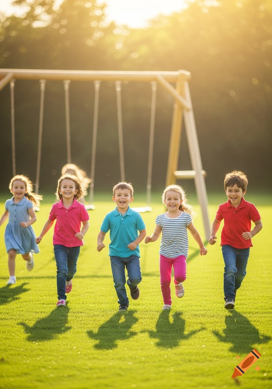 Five joyful children run together on a sunny green lawn in front of a swing set, bathed in warm sunlight.