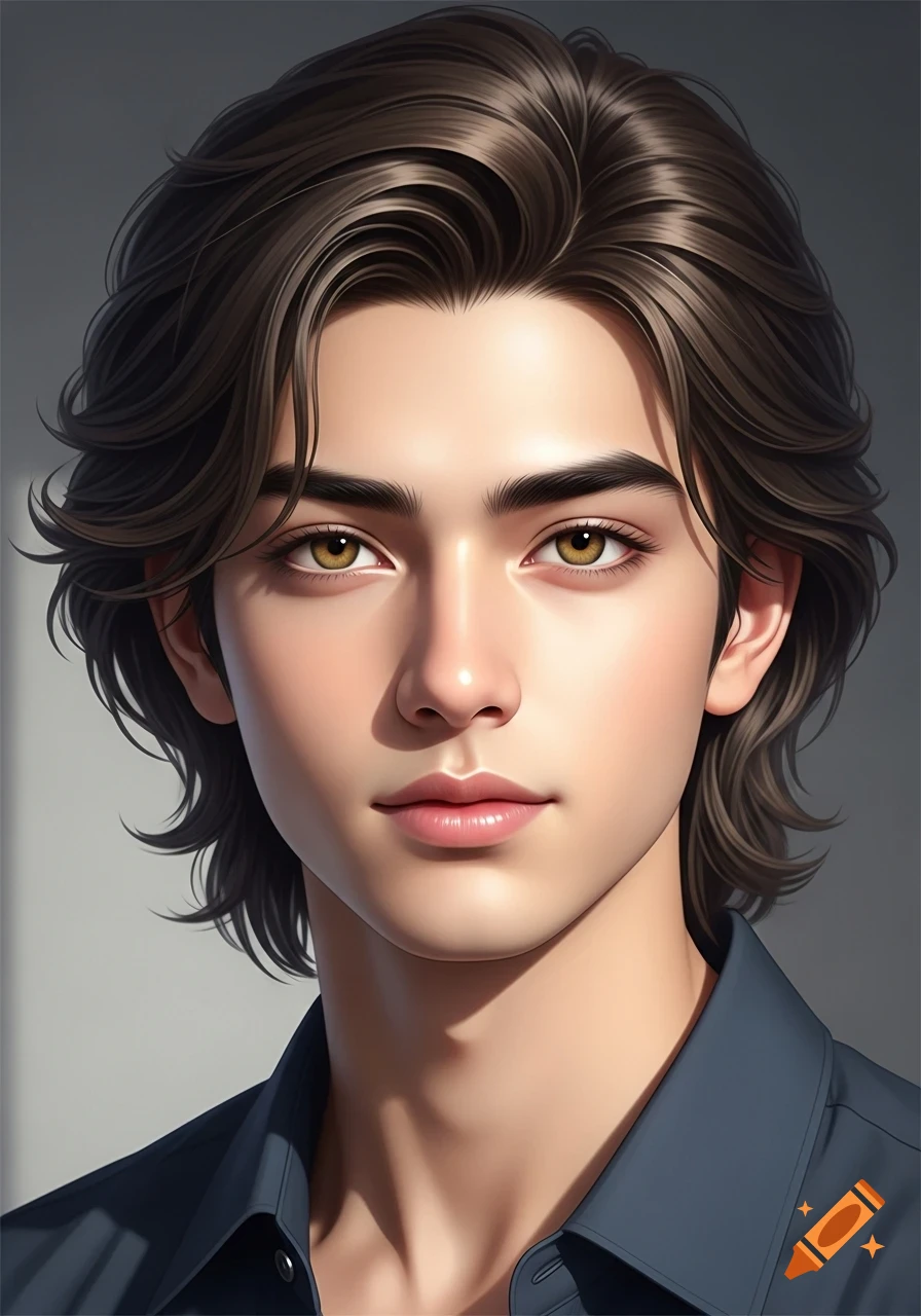 Close-up portrait of a young man with long wavy brown hair, golden eyes, and a blue collared shirt, looking forward.