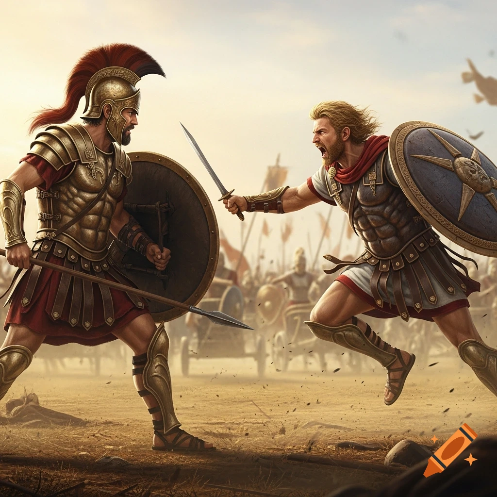 Two ancient warriors, one with a spear and shield and the other with a sword, clash in an epic desert battle.