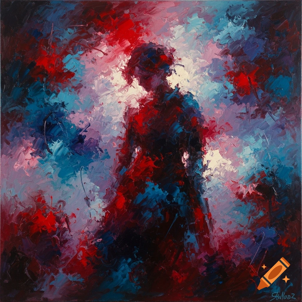 Abstract expressionist painting featuring a shadowy figure in a dynamic swirl of red, blue, and violet brushstrokes.