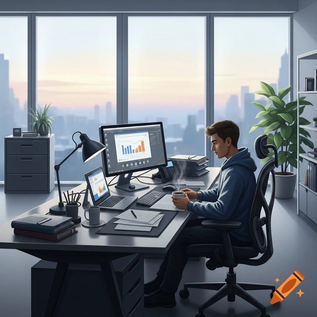 Illustrated man working at a desk with multiple computer screens in a modern office with a city view at dusk.
