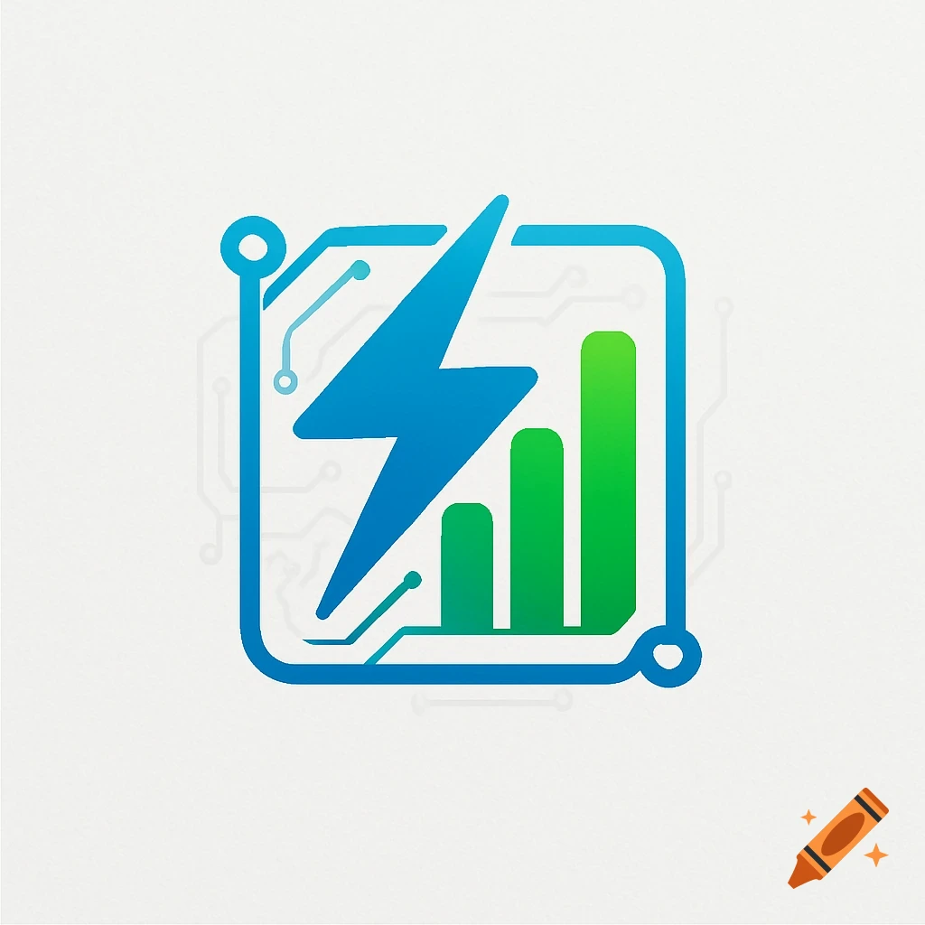 A modern logo featuring a blue lightning bolt and green bar chart inside a blue square outline with subtle circuit board patterns.