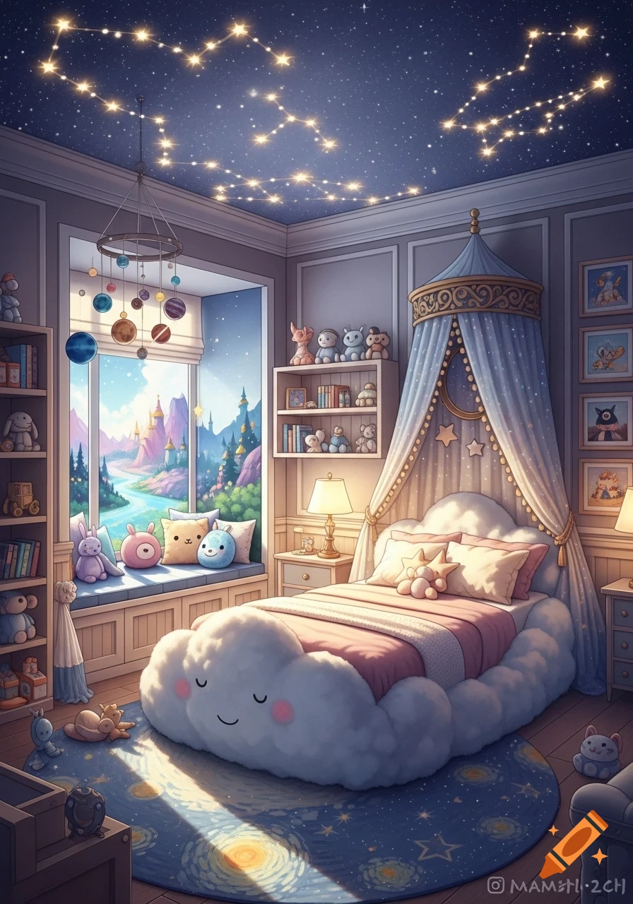 A whimsical child's bedroom with a cloud-shaped bed, a starry ceiling, and a fantasy landscape visible through the window.