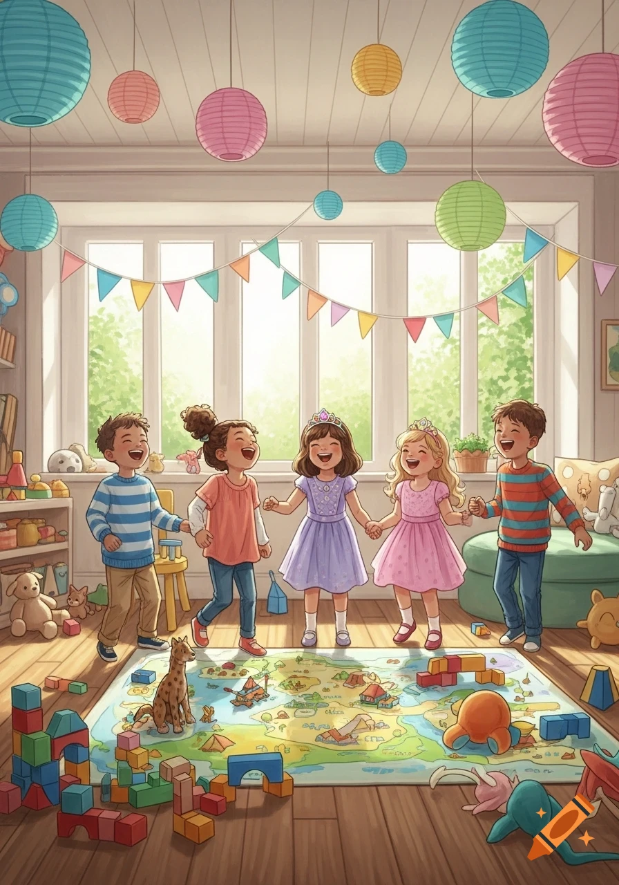 Five joyful children, two in princess dresses, hold hands and laugh in a colorful playroom filled with toys and paper lanterns.