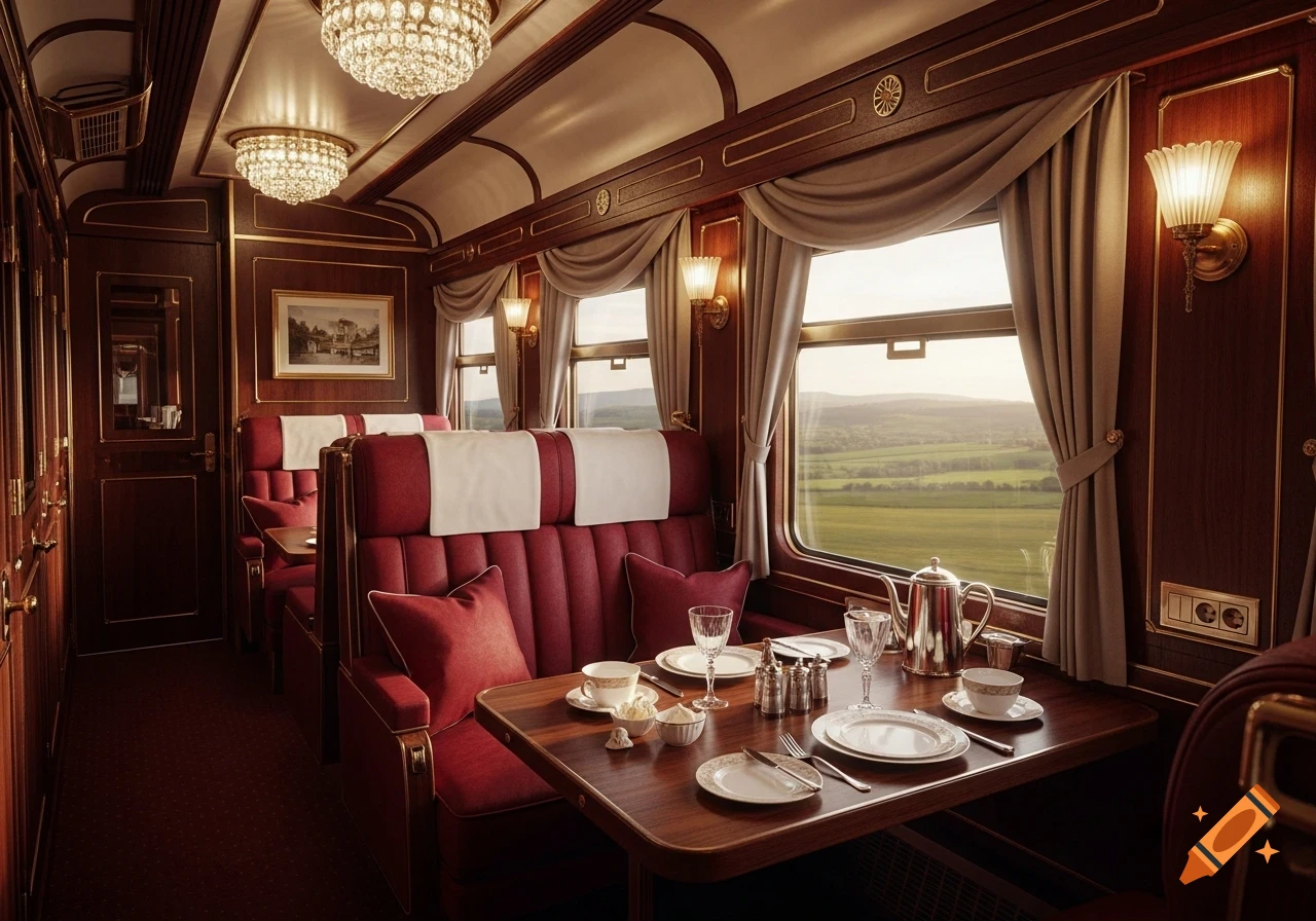 A luxurious first-class train compartment with red velvet seating, ornate chandeliers, and a set table, looking out onto a green landscape.