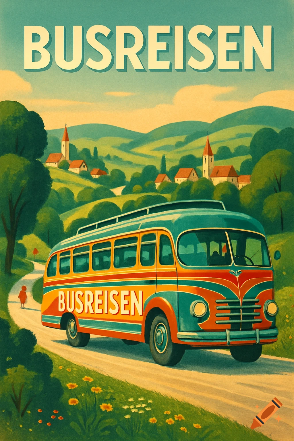 Vintage-style illustration of a colorful bus driving through a green, hilly landscape with villages, under text that reads 'BUSREISEN'.