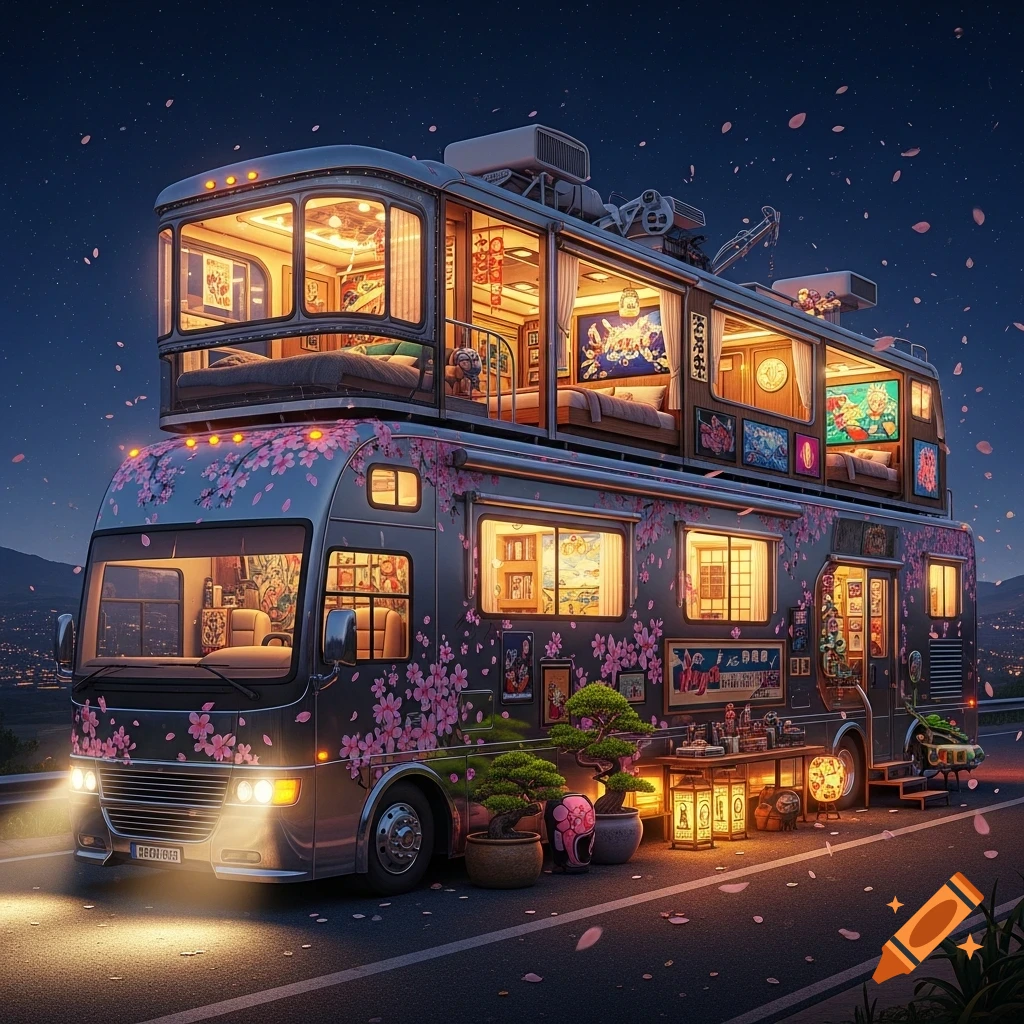 A fantasy-style, two-story RV covered in cherry blossom decals, parked at dusk with warm interior lights, bonsai trees, and glowing lanterns outside.