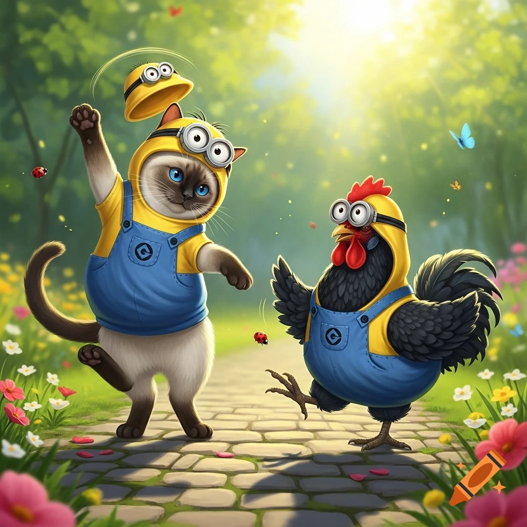 A Siamese cat and a black chicken, both wearing Minion costumes, dance cheerfully in a sunny garden filled with flowers.