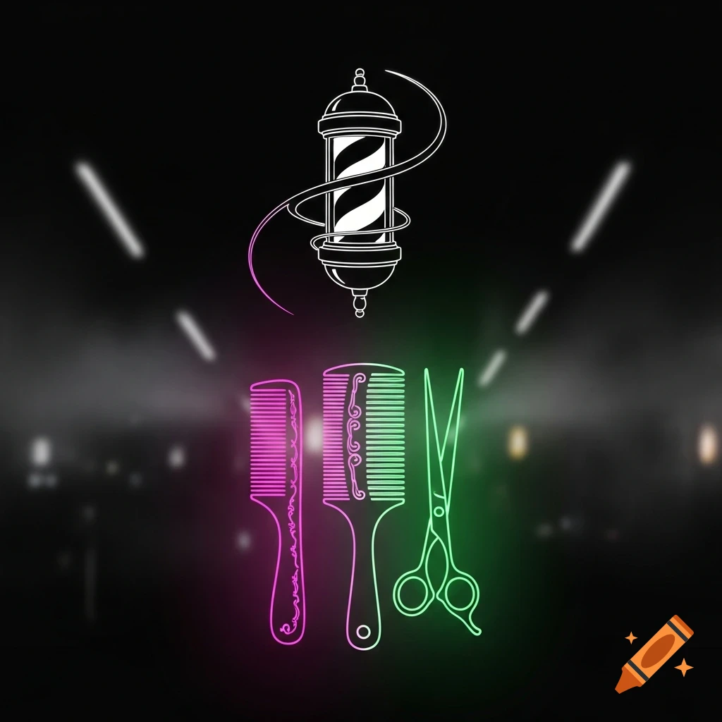 Neon outlines of a barbershop pole, two combs (one pink, one green), and green scissors against a dark, blurred city night background.