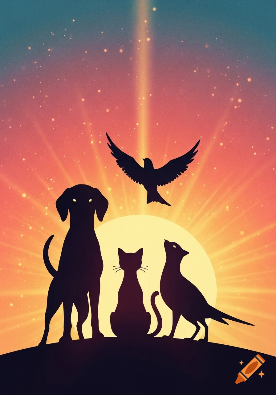 Silhouettes of a dog, cat, and two birds against a radiant orange and blue sky with a glowing sun, in a retro animated style.