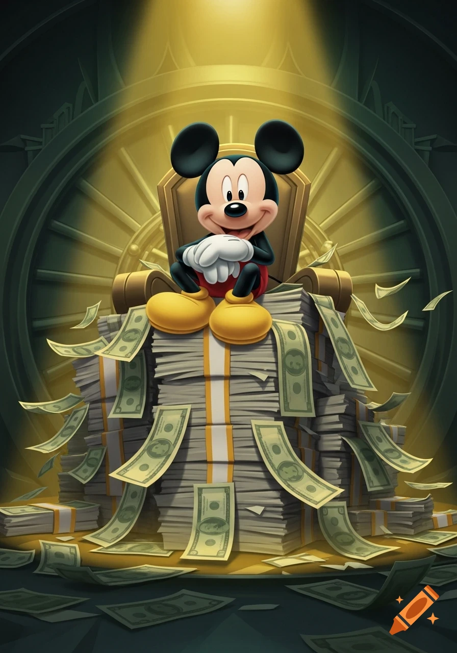 Mickey Mouse smugly sits on a towering stack of cash inside a golden vault, with more money scattered around. The art style is vibrant and cartoony.
